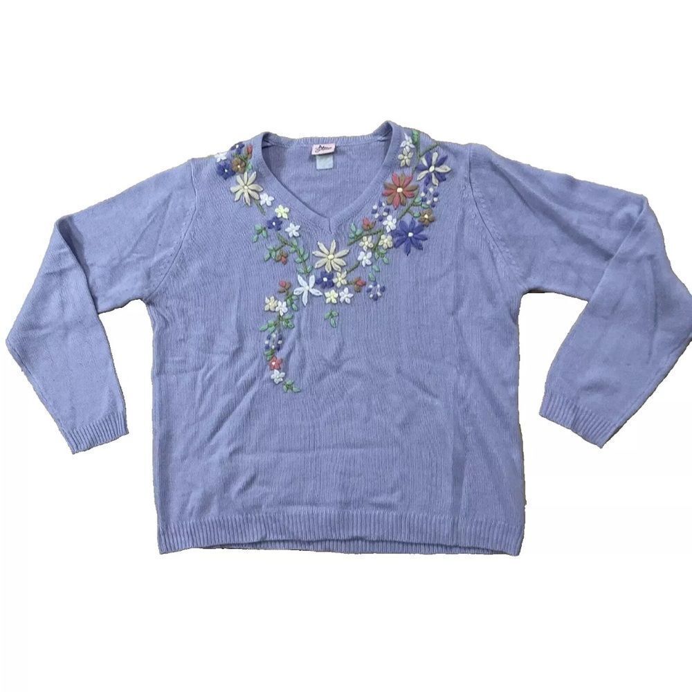 ADRIAN DELAFIELD Coastal Sweater Women M Lilac Purple Vintage 3d Art Floral Knit